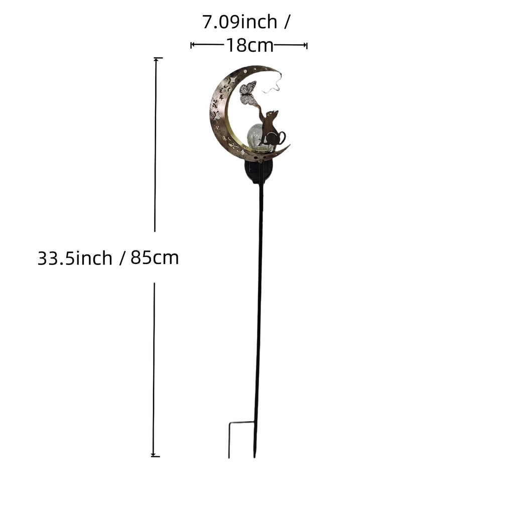 Solar moon cat garden lamp with black stake and circular moon metal shade, dimensions shown.