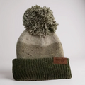 Puff-knit beanie in dark green with large gray pom-pom and leather brand patch