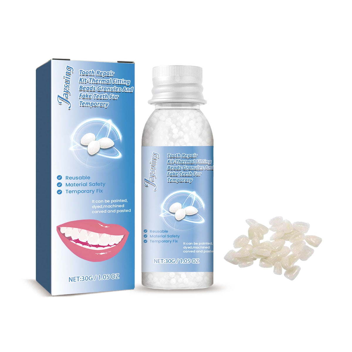 Dental repair kit bottle, box, and white denture filler beads