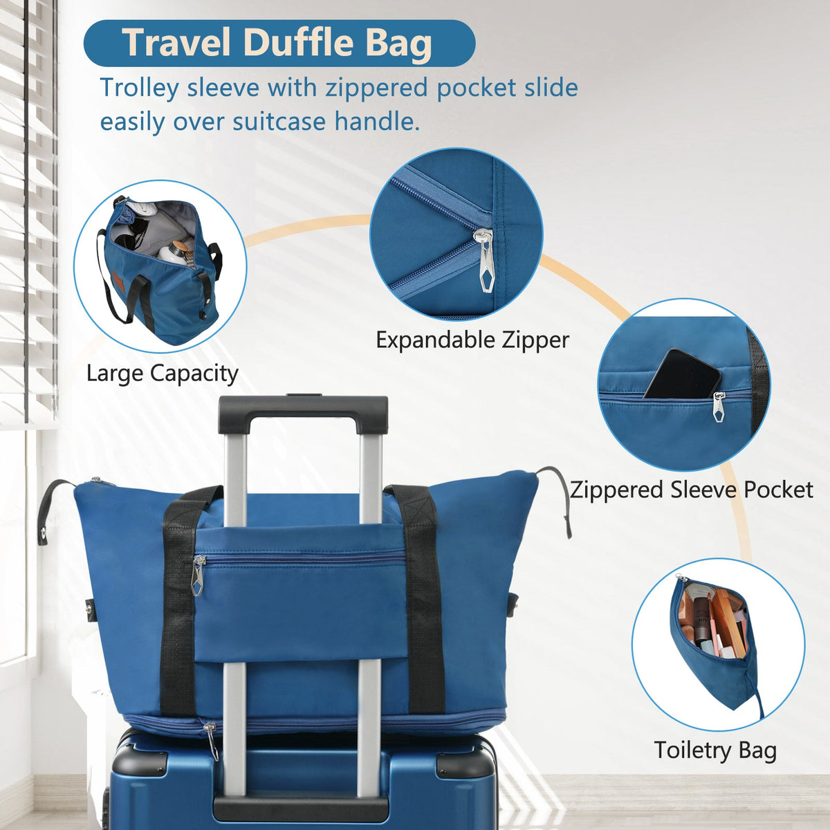 Blue travel duffel bag with trolley sleeve and zippered pocket details