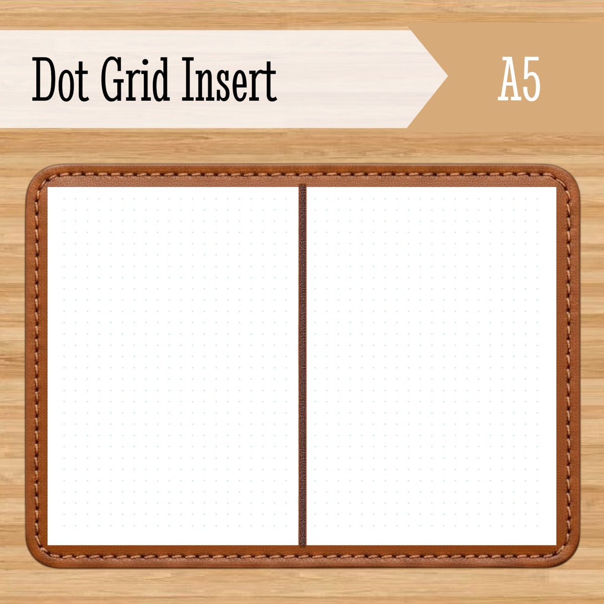 A5 dot grid notebook insert with kraft cover and hand-stitched binding, two-page spread