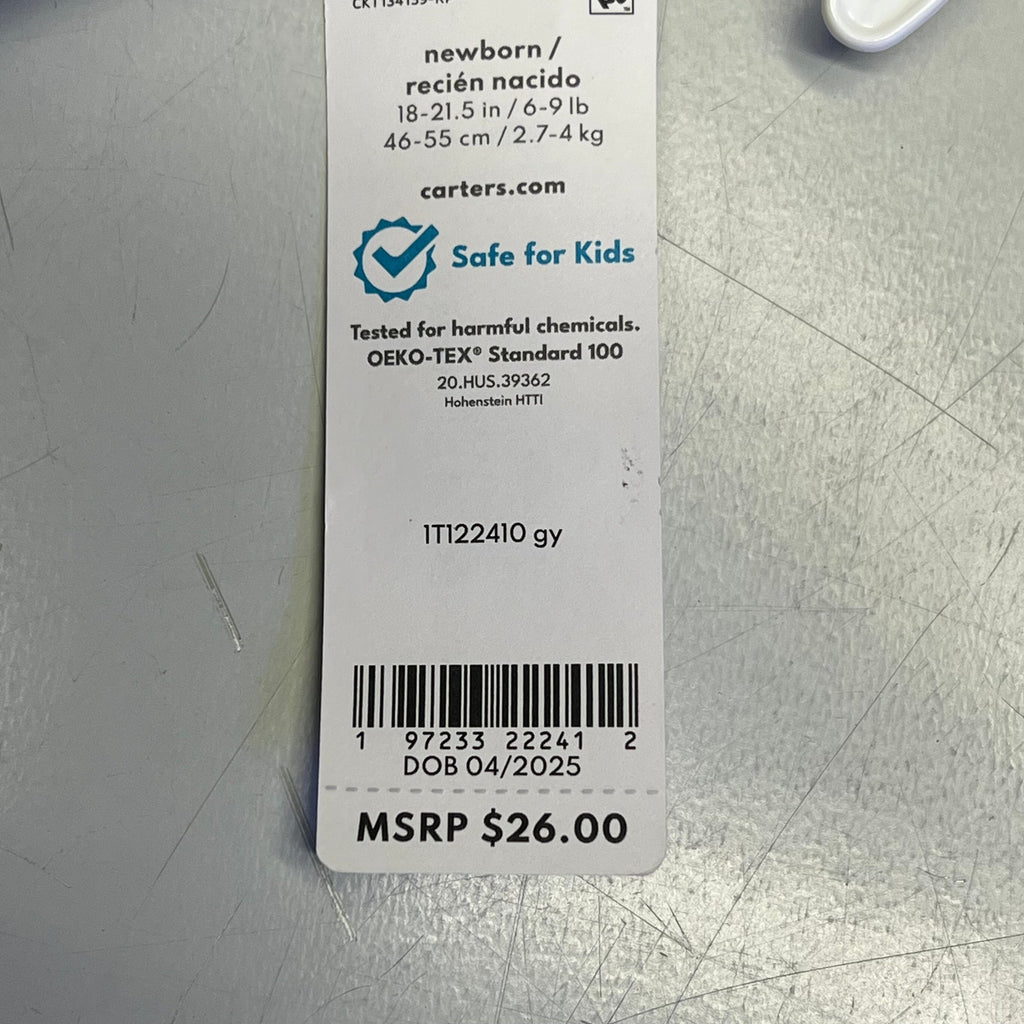 Baby cotton set retail hang tag with barcode and size info