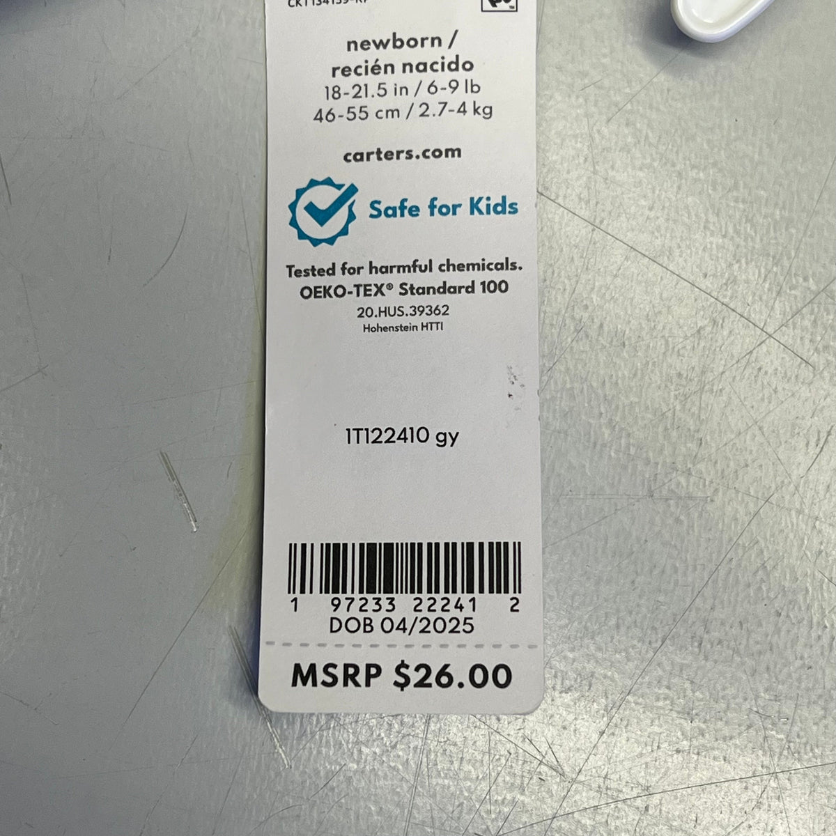 Baby cotton set retail hang tag with barcode and size info