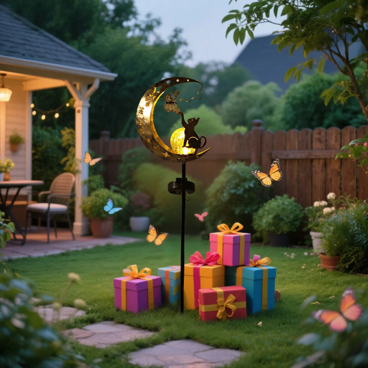 Solar moon cat garden lamp on a black stake, warm glowing light with butterfly cutouts.