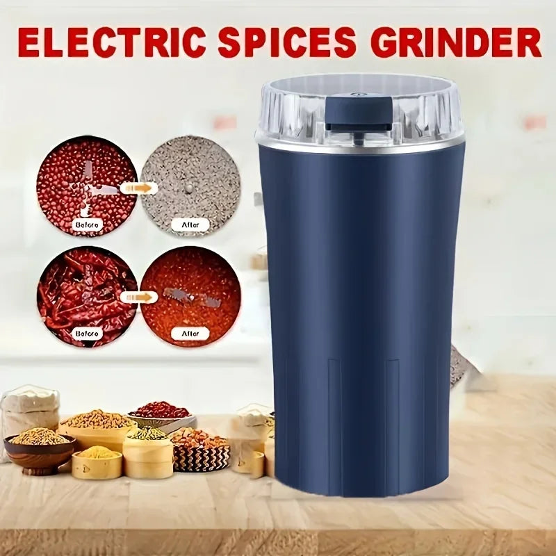 Electric blue coffee and spice grinder with clear lid and one-press control, front