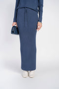 Rib knit sweater skirt with drawstring waist, long blue pencil silhouette