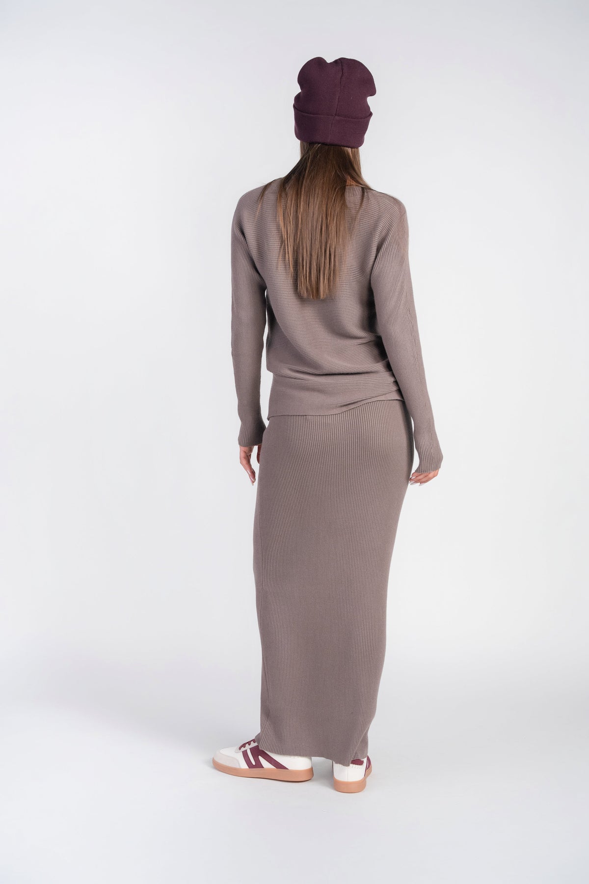 Mushroom ribbed knit midi skirt with drawstring waist, back view