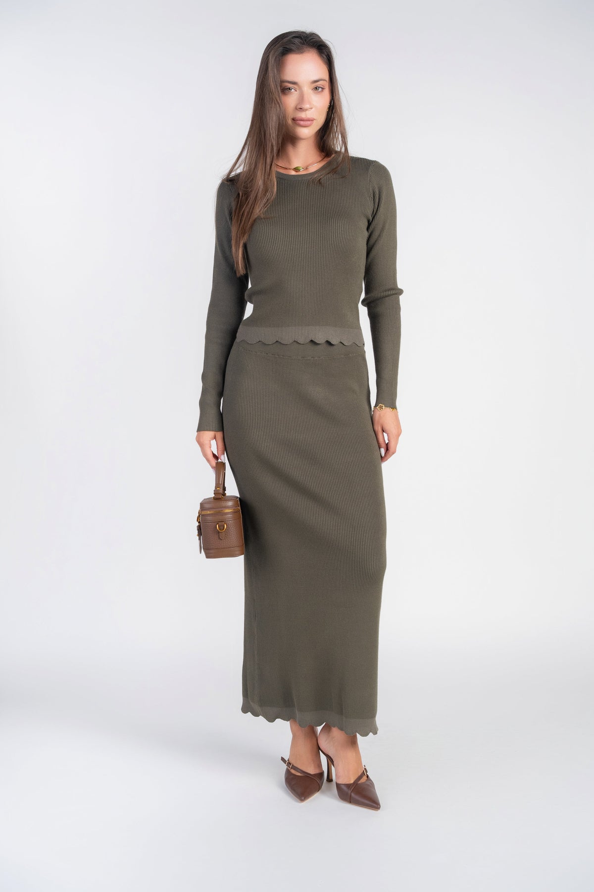 Olive scalloped hem knit midi skirt, straight fitted cut