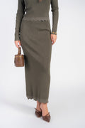 Olive scalloped hem knit skirt, midi length, fitted silhouette