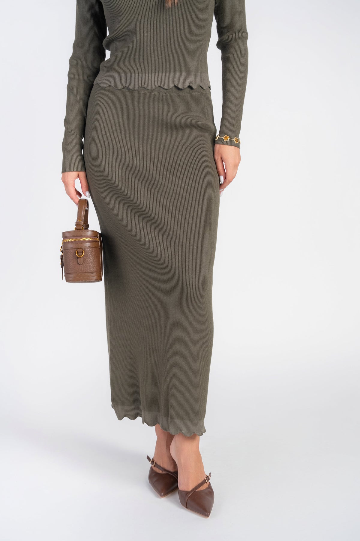 Olive scalloped hem knit skirt, midi length, fitted silhouette