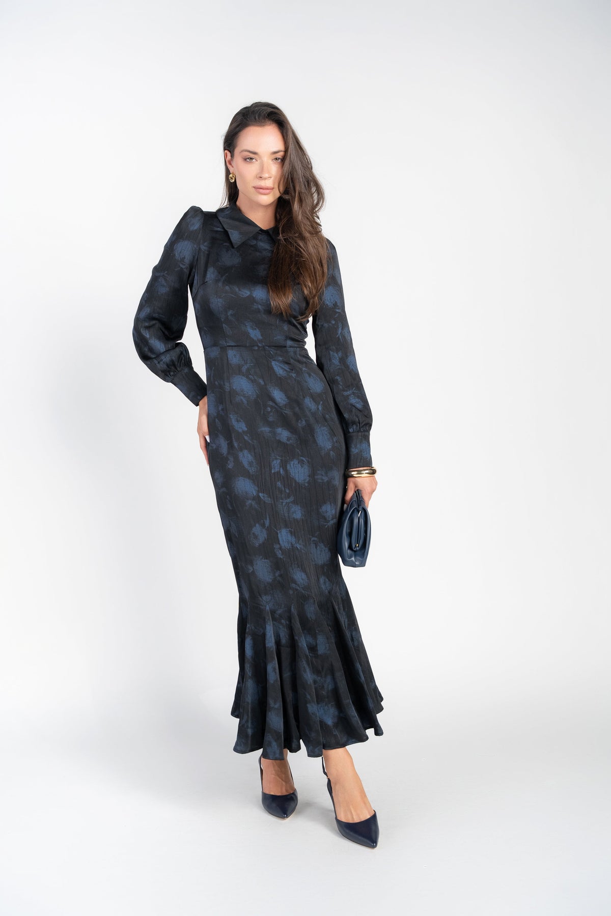 Navy midi dress with blurred rose print and long sleeves, button-front detail