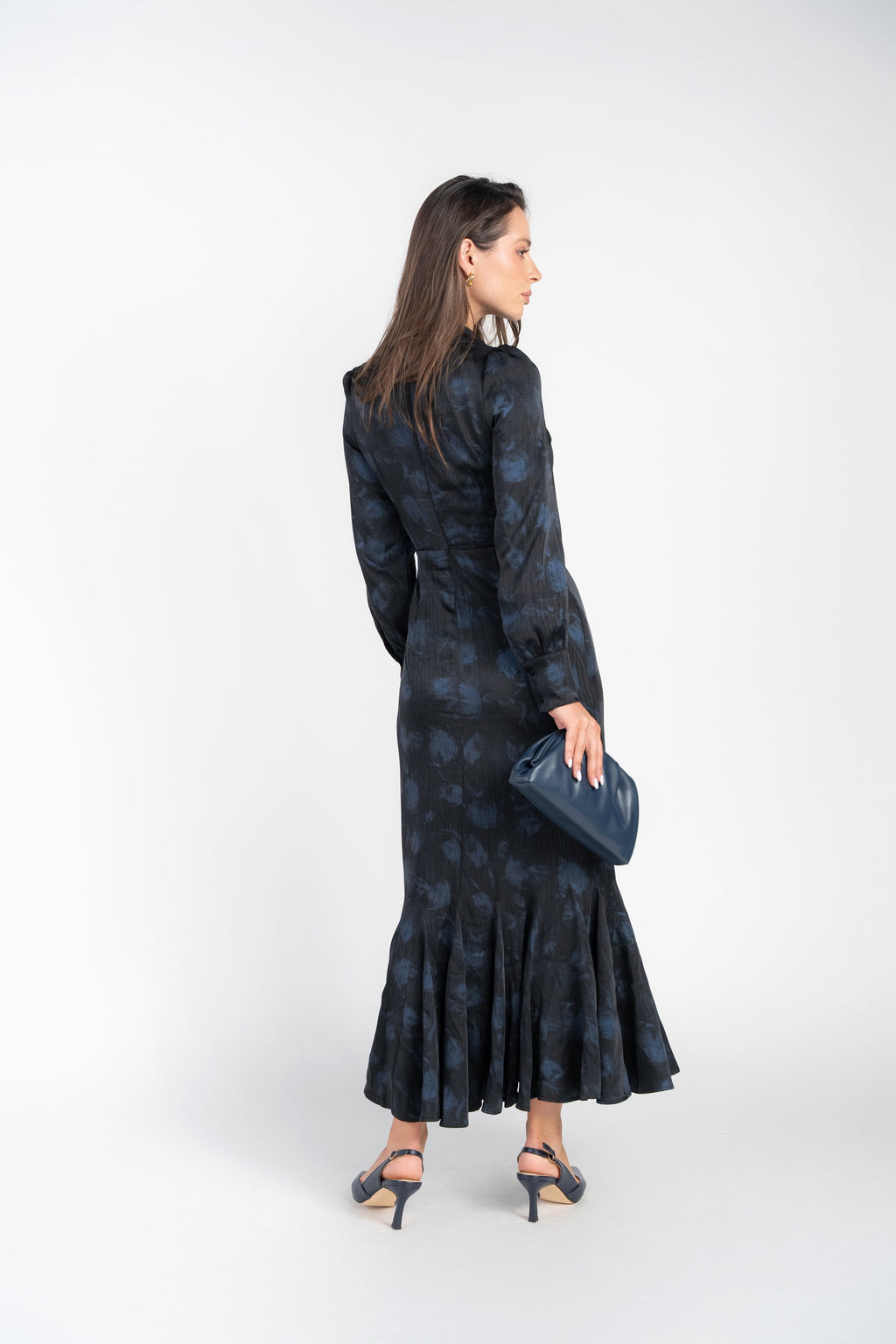 Navy midi dress with blurred rose print and pleated skirt hem