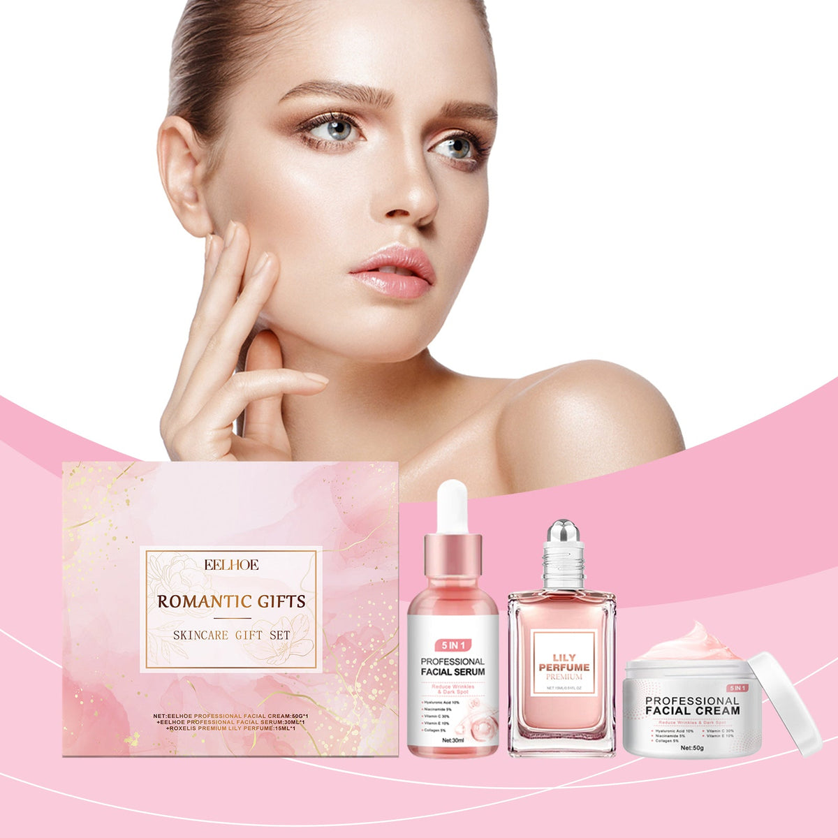 Skincare gift set with pink facial serum bottles and gift box beside a woman’s face