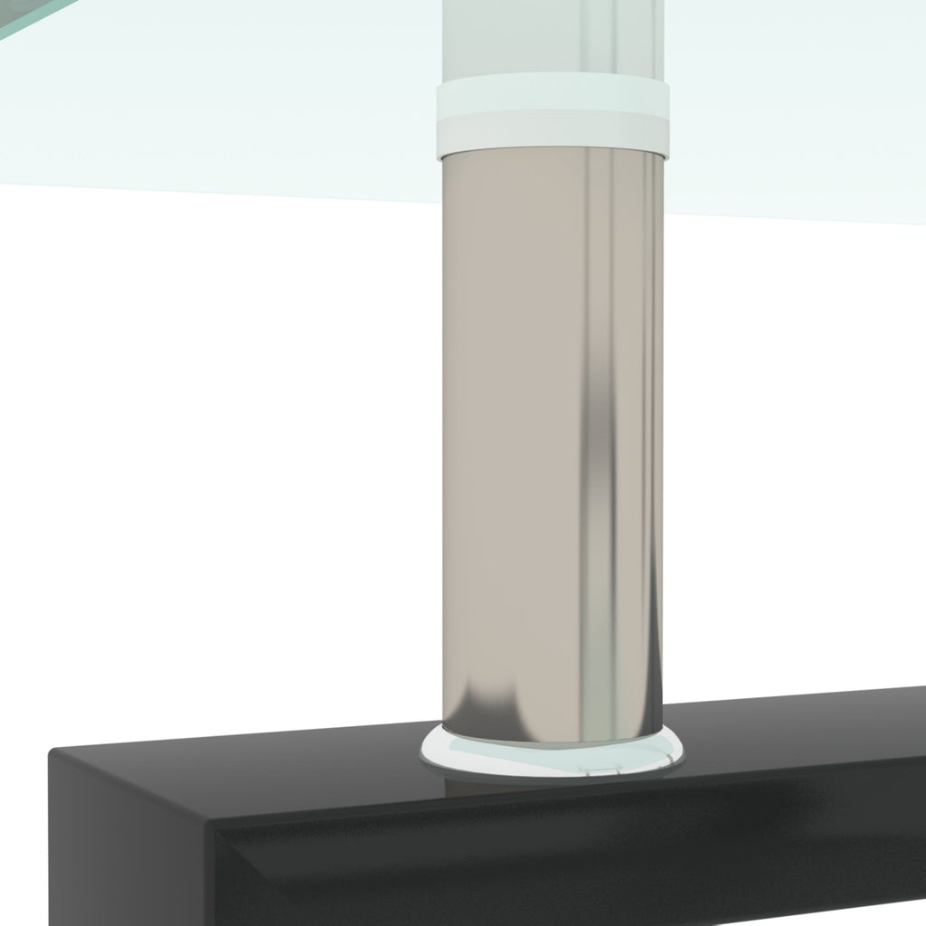 Close-up of black glass table post base with round chrome-like cap
