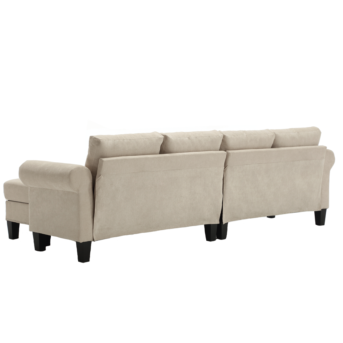 Beige sectional sofa viewed from the side, showing two armrests and dark legs.