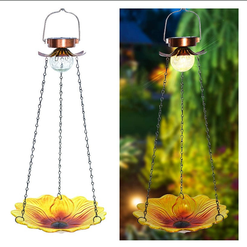 Solar hanging bird feeder with sunflower tray, clear LED glass bulb and metal chain hanger