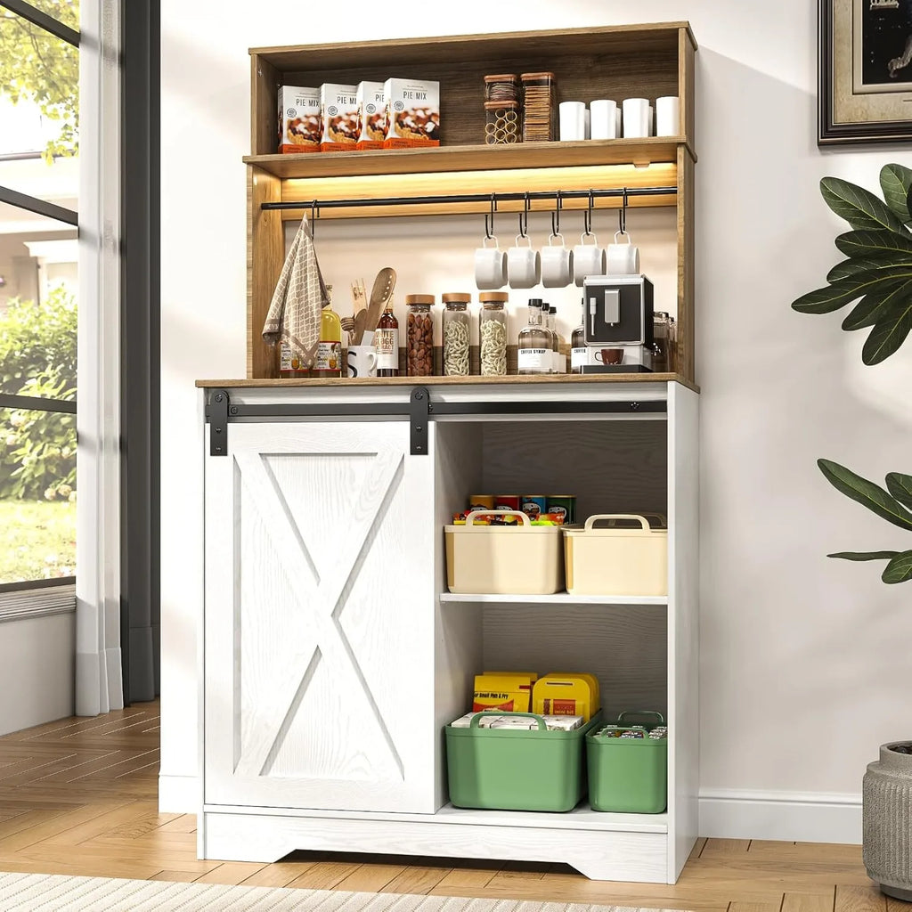 White and brown coffee bar cabinet with open shelves, door, and storage compartments