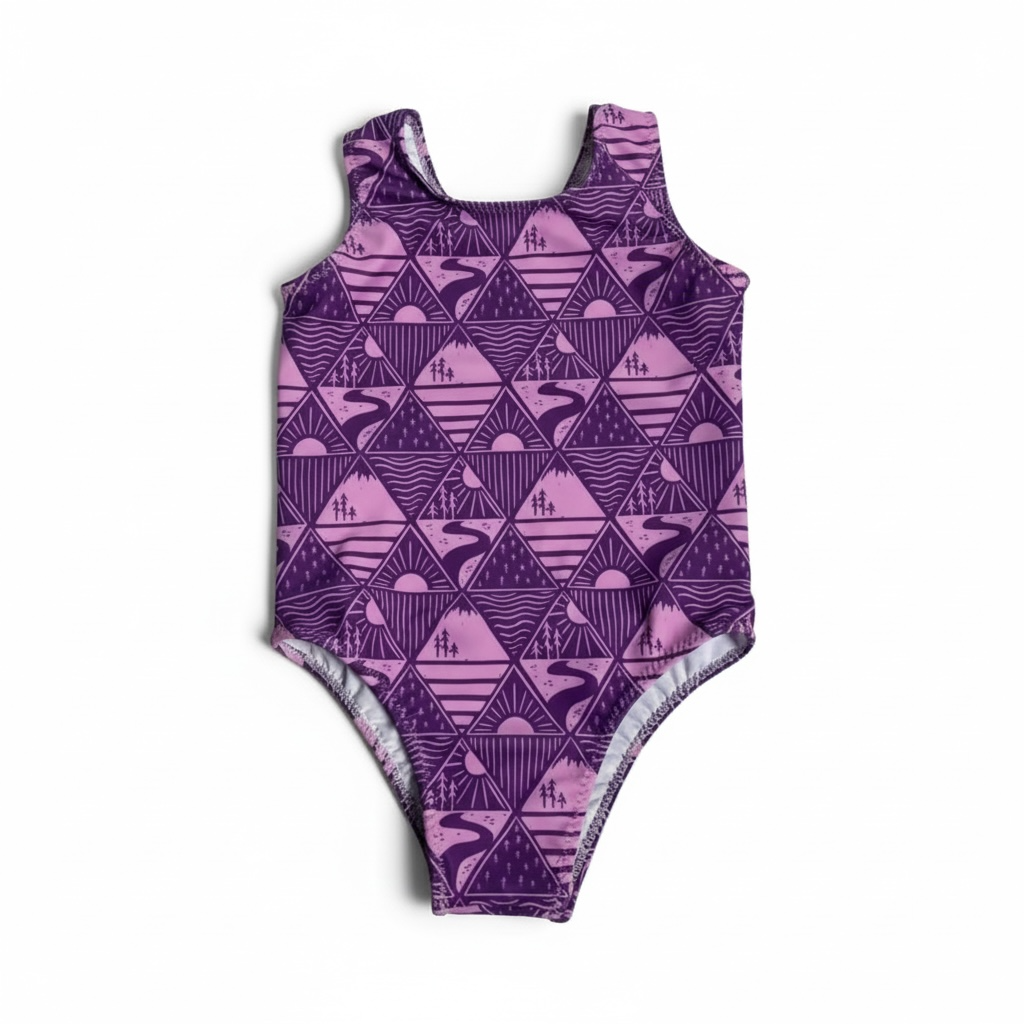 Purple one-piece swimsuit with geometric mountain and diamond pattern