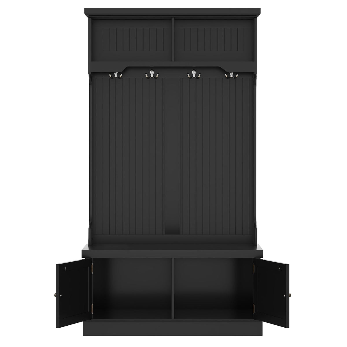 Black hall tree open storage shoe bench with interior shelves and 4 coat hooks.