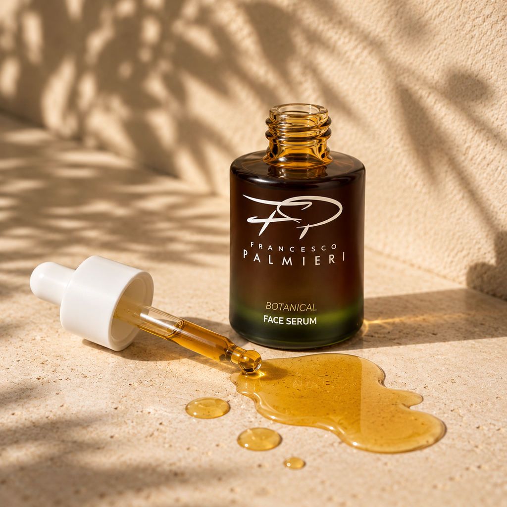 Botanical face serum bottle with open dropper releasing golden oil onto stone