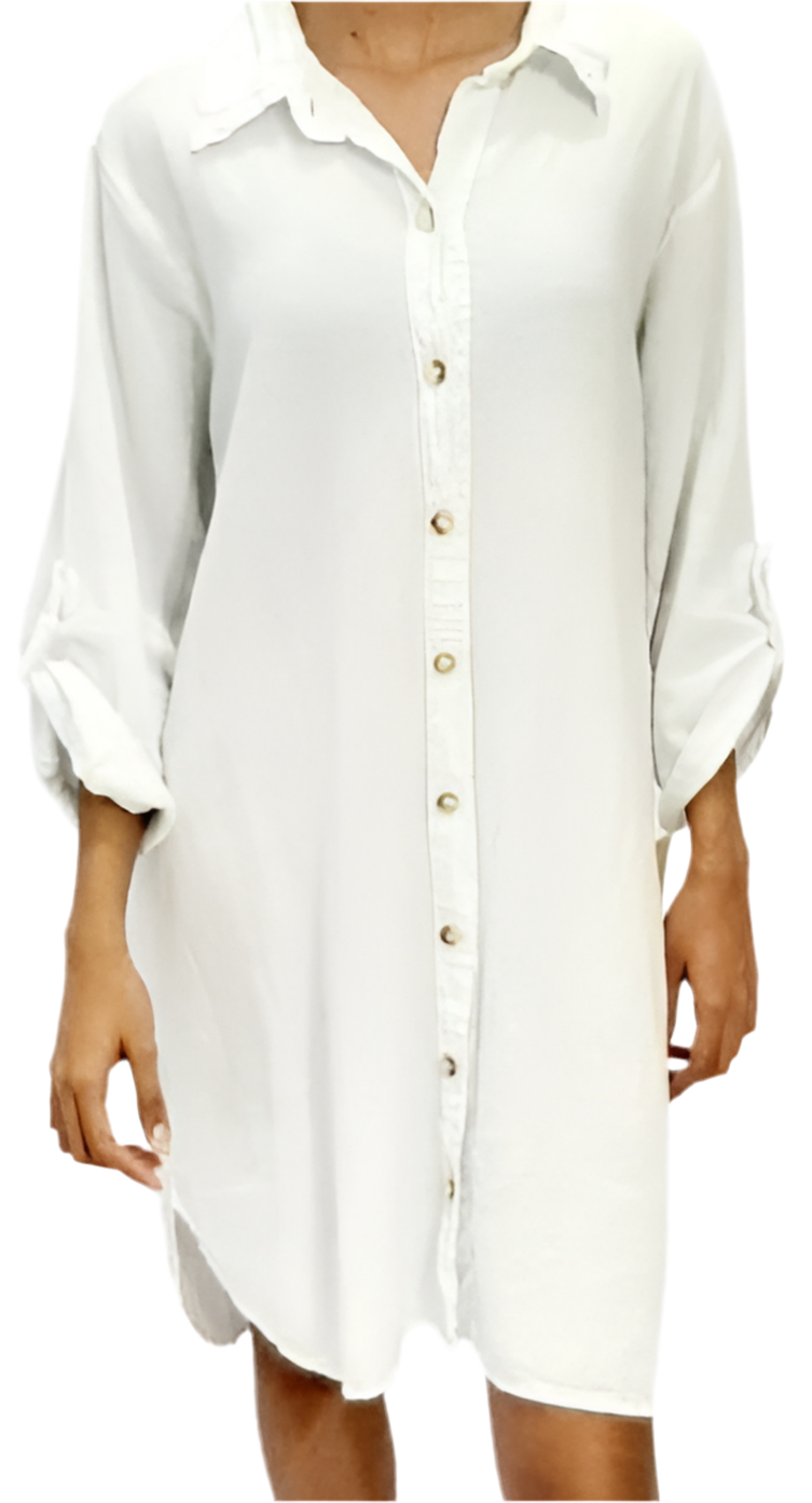 Women’s cotton gauze tunic in white, collared button-front, rolled sleeves, relaxed fit.