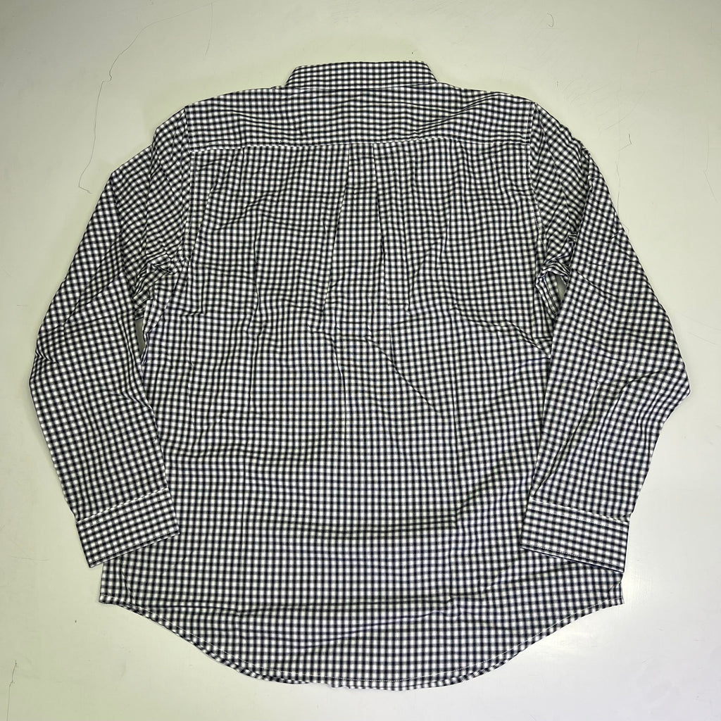 Men's button-up shirt, navy and white checkered, back view with collar