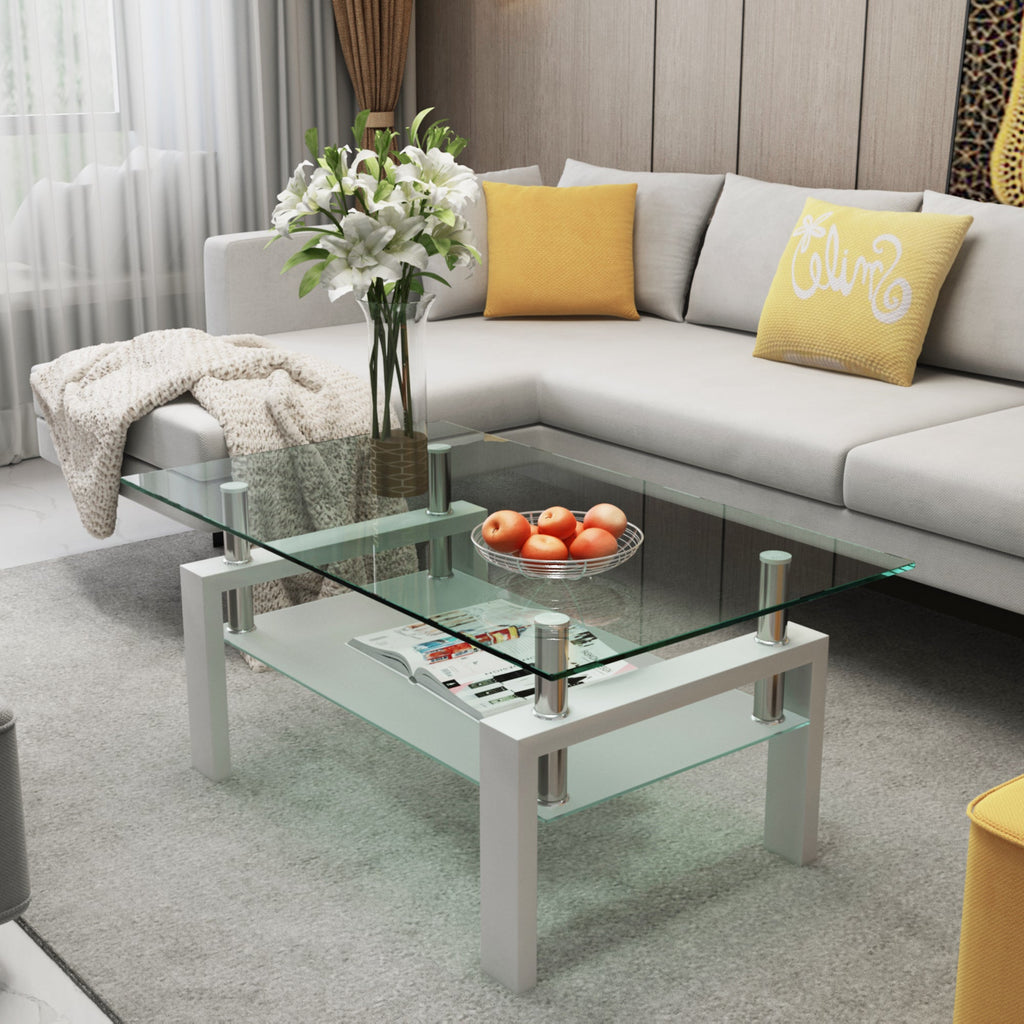 White and glass coffee table with open shelf and clear tempered glass top