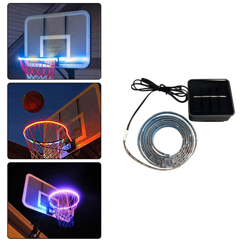 LED basketball hoop light kit with coiled silver LED rope and black solar panel
