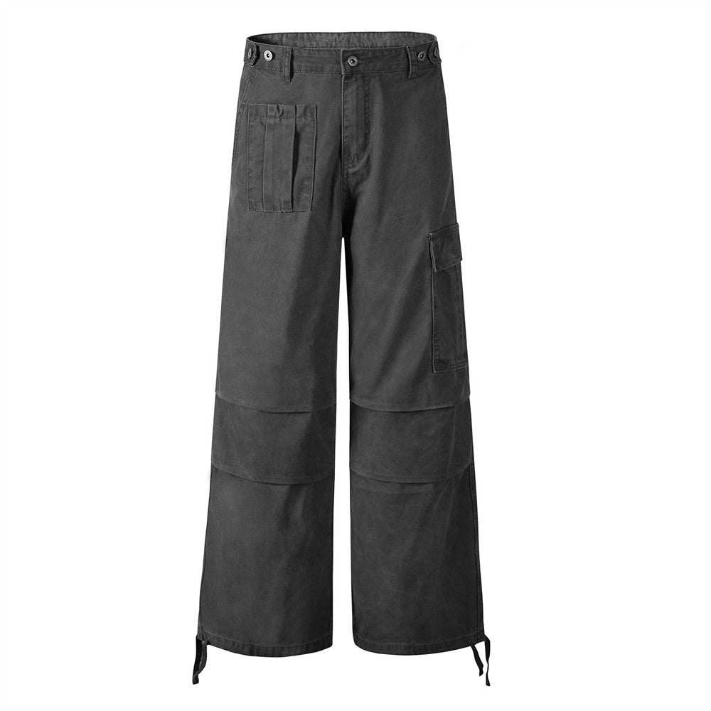 Men's dark gray loose straight-leg work pants, button waist, cargo pockets