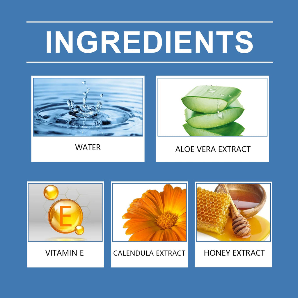 Pet hot spot spray ingredients panel: water, aloe vera extract, vitamin E, calendula, honey extract.