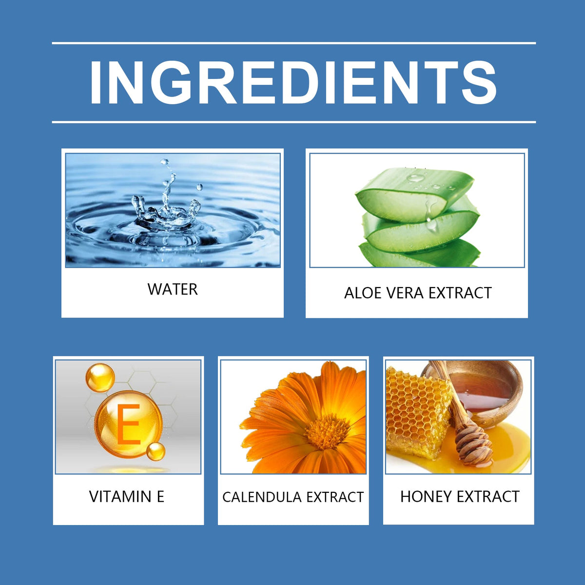 Pet hot spot spray ingredients panel: water, aloe vera extract, vitamin E, calendula, honey extract.
