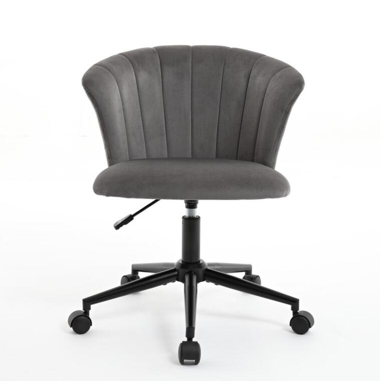 Grey upholstered office chair with rounded wing back and black five-star base