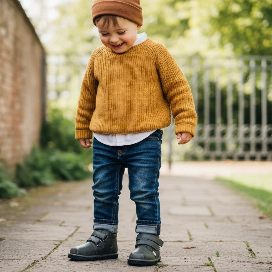 Toddler barefoot sneakers, dark green, worn on a sidewalk path with jeans.