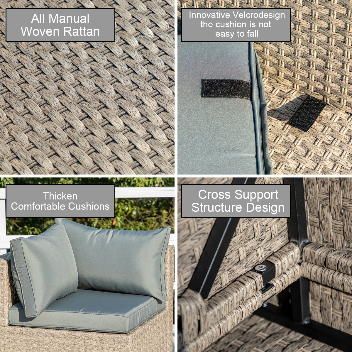 Grey cushion and beige woven wicker armrest with black velcro strip