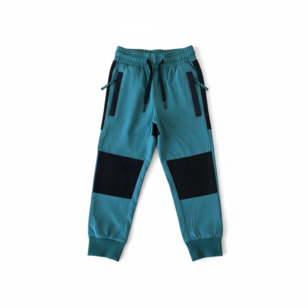Water-resistant hiking pants, teal with black panels, drawstring waist and side pockets