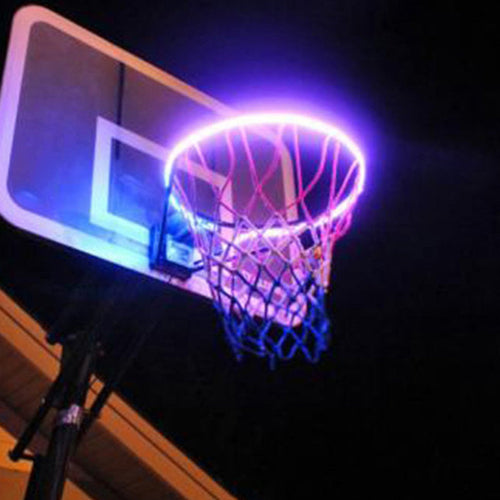 LED basketball hoop rim light strip with glowing multicolor ring around the net