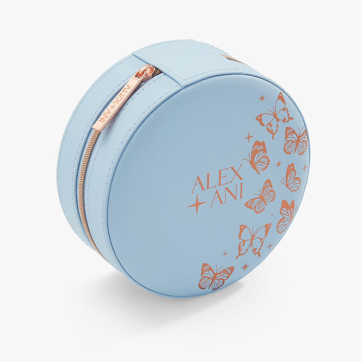 Light blue round jewelry case with orange butterfly print and zipper detail