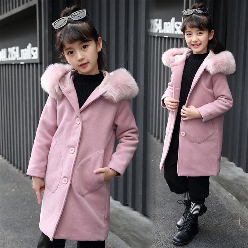 Girls pink hooded coat with fluffy faux fur trim, front buttons, and side pockets