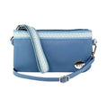 Blue phone clutch bag with crossbody strap, zip top, and textured striped strap