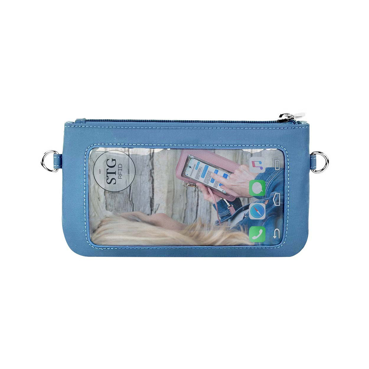 Blue zip phone clutch with clear touch-screen window, card pockets, and side loops