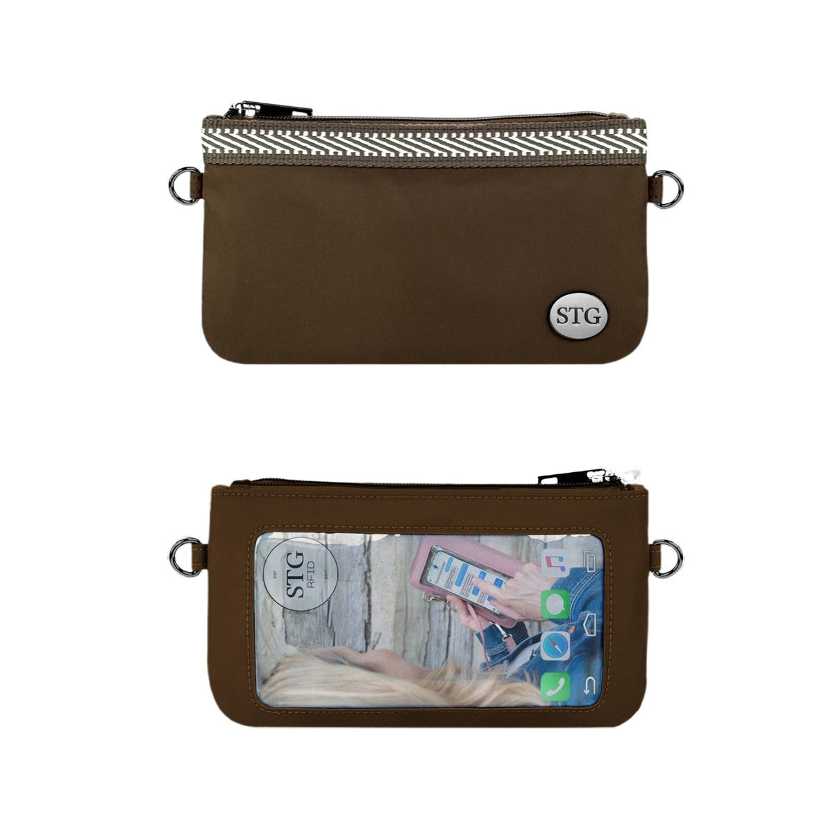 Chocolate brown small zipper clutch with key-ring strap, STG logo patch, clear card pocket