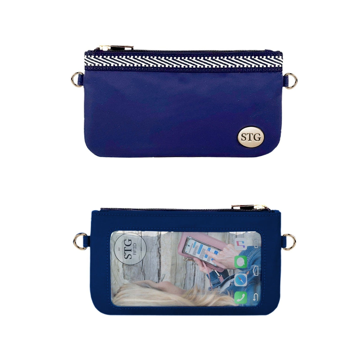 Navy blue small zipper clutch with key-ring strap, STG logo patch, clear card pocket