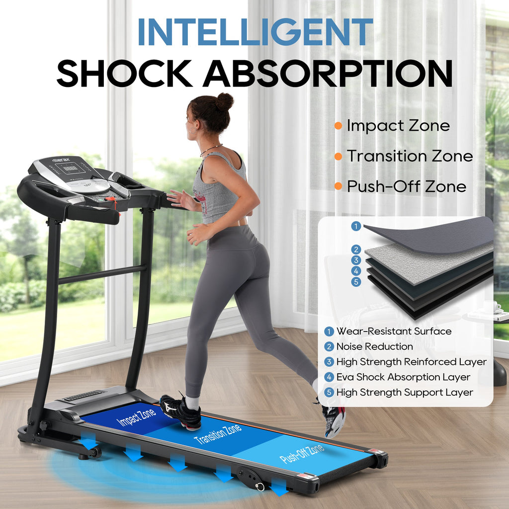 Black treadmill with blue shock-absorbing running deck and front control console