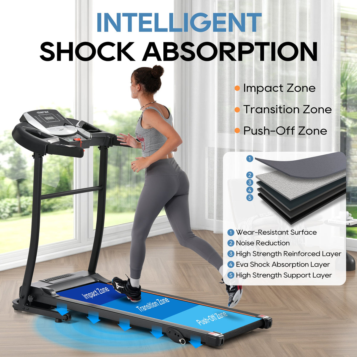 Black treadmill with blue shock-absorbing running deck and front control console