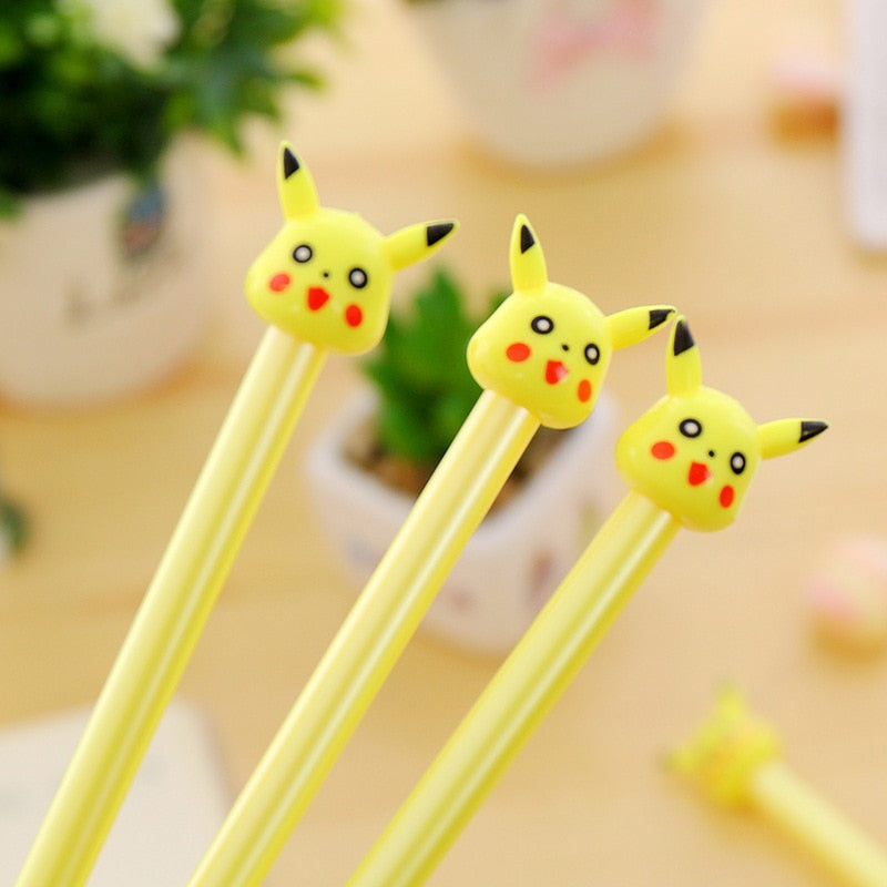 Three yellow Pikachu-head gel pens with cute faces and black ink tips