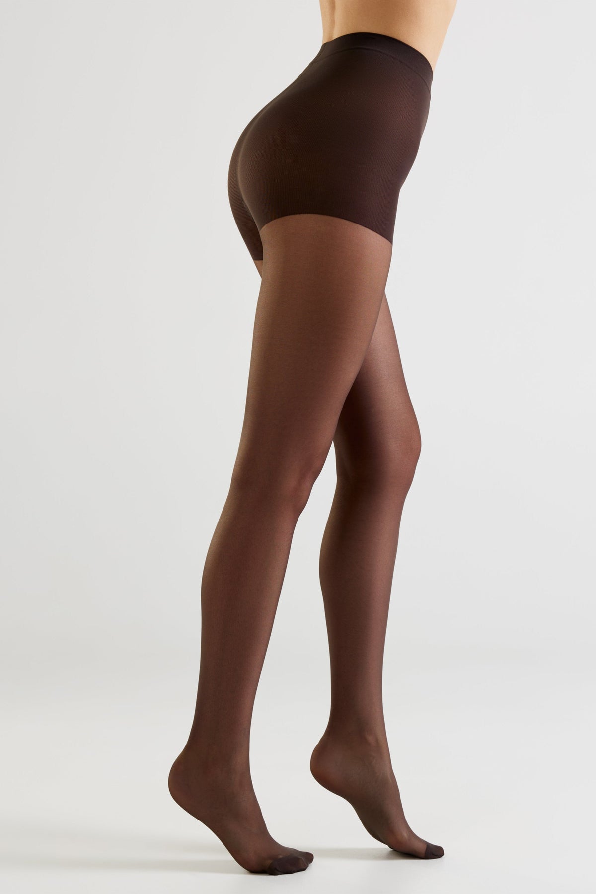 Full-length dark brown 20 den shaping tights with opaque, smooth finish