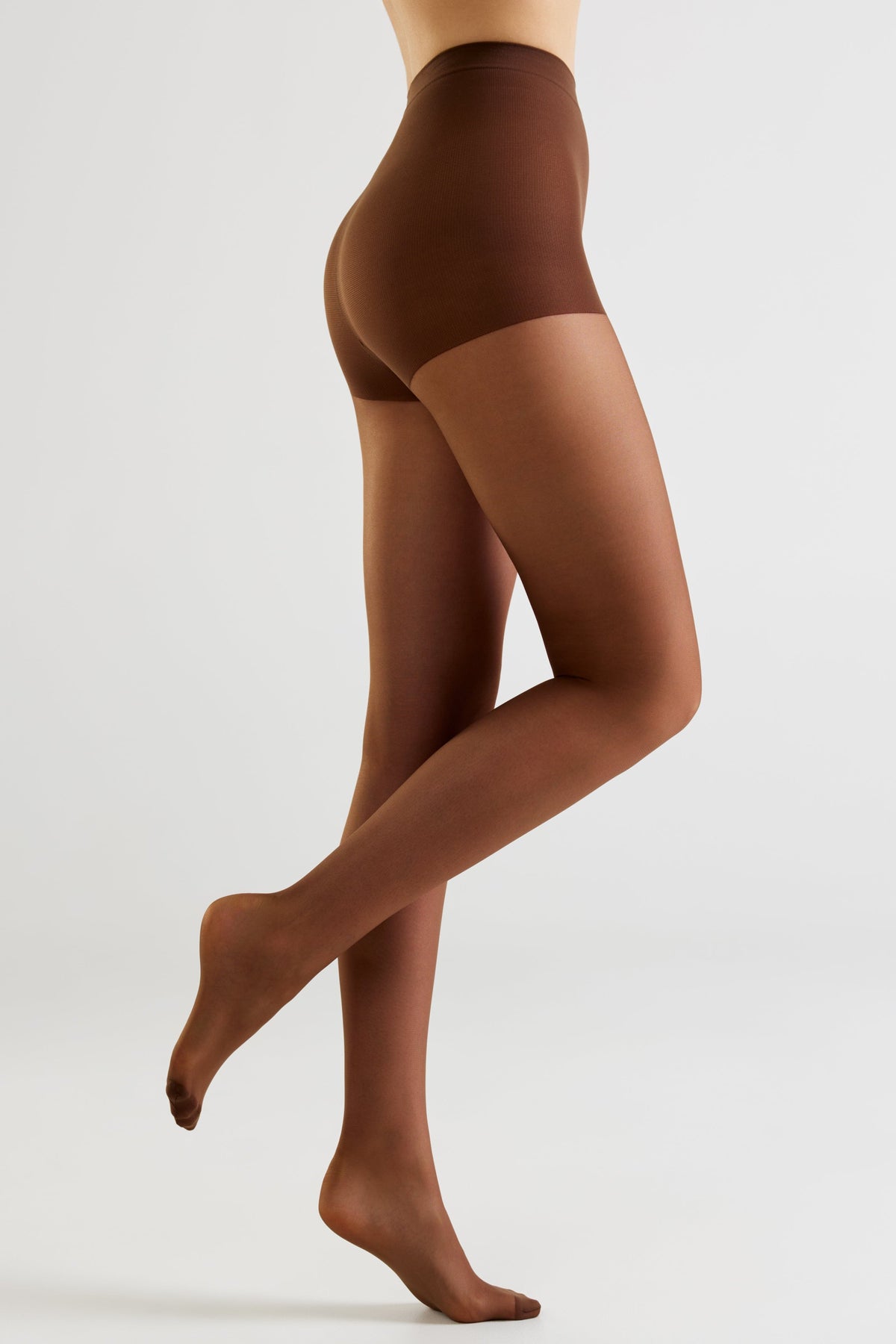 Women's shaping tights in dark brown, full-leg side view with open toe