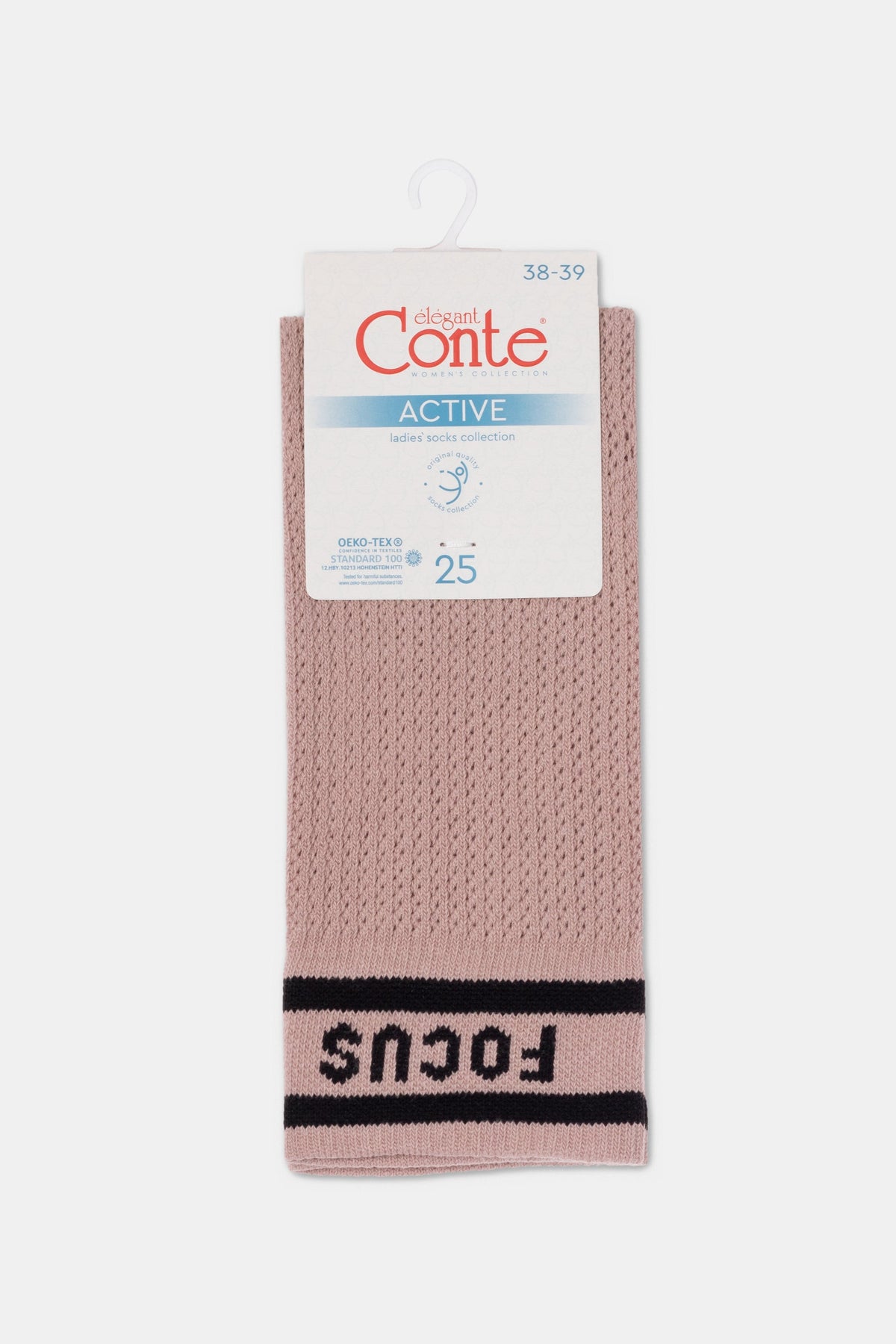 Ash pink cotton long socks in retail packaging with size label