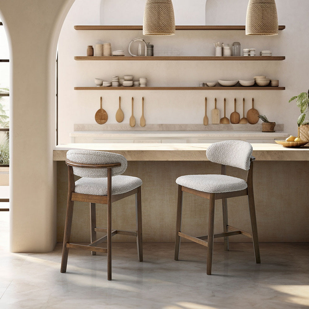 ACTU counter bar stools set of 2 with light gray upholstered seats and dark wood frames