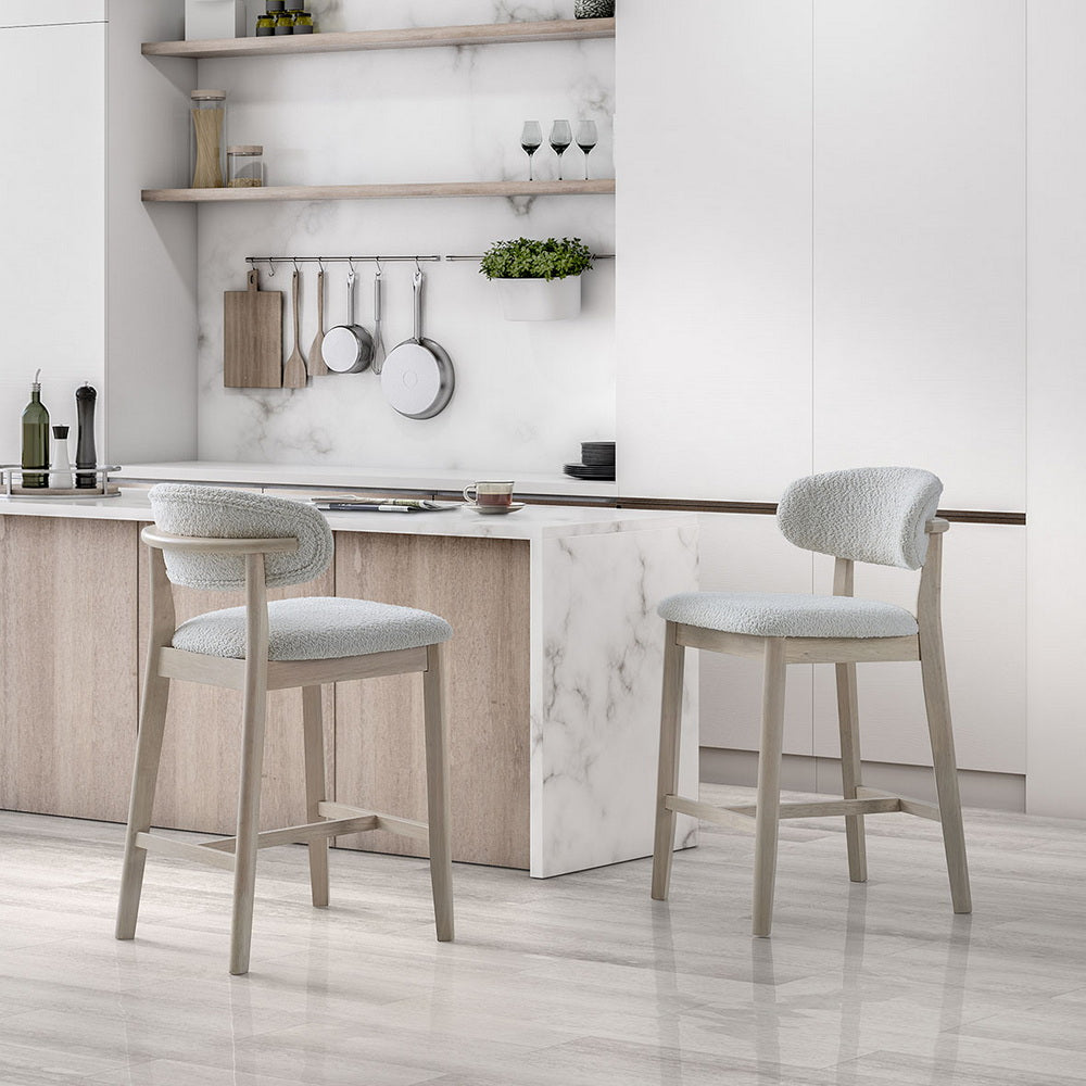 ACTU bar stools set of 2 with light wood frames and cream upholstered seats